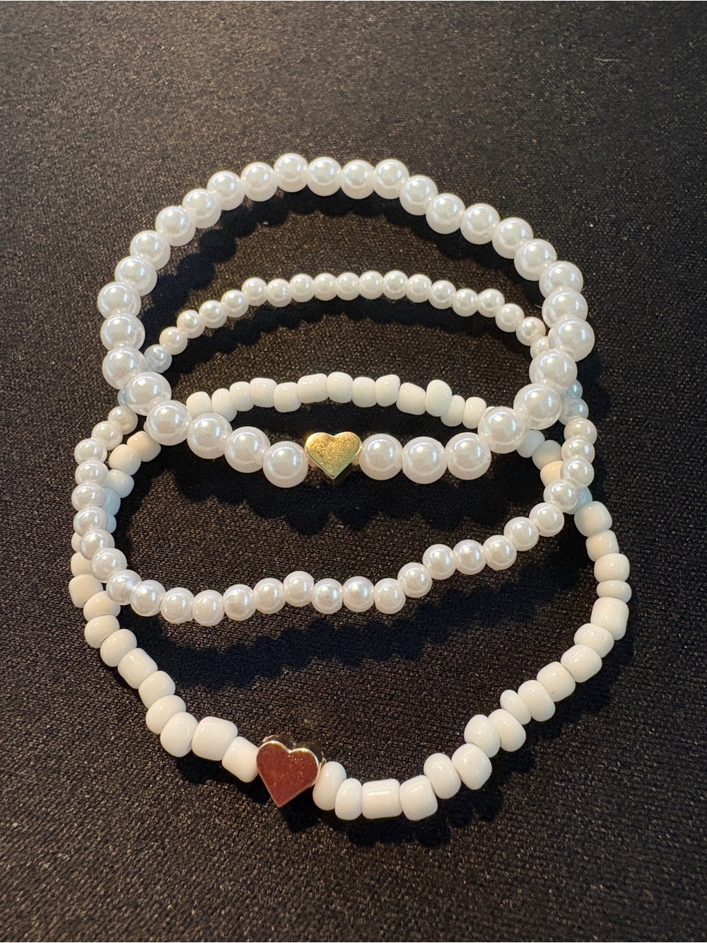 White Beaded Stretch Bracelet Set of 3 with Heart Accent - Picture 2 of 2